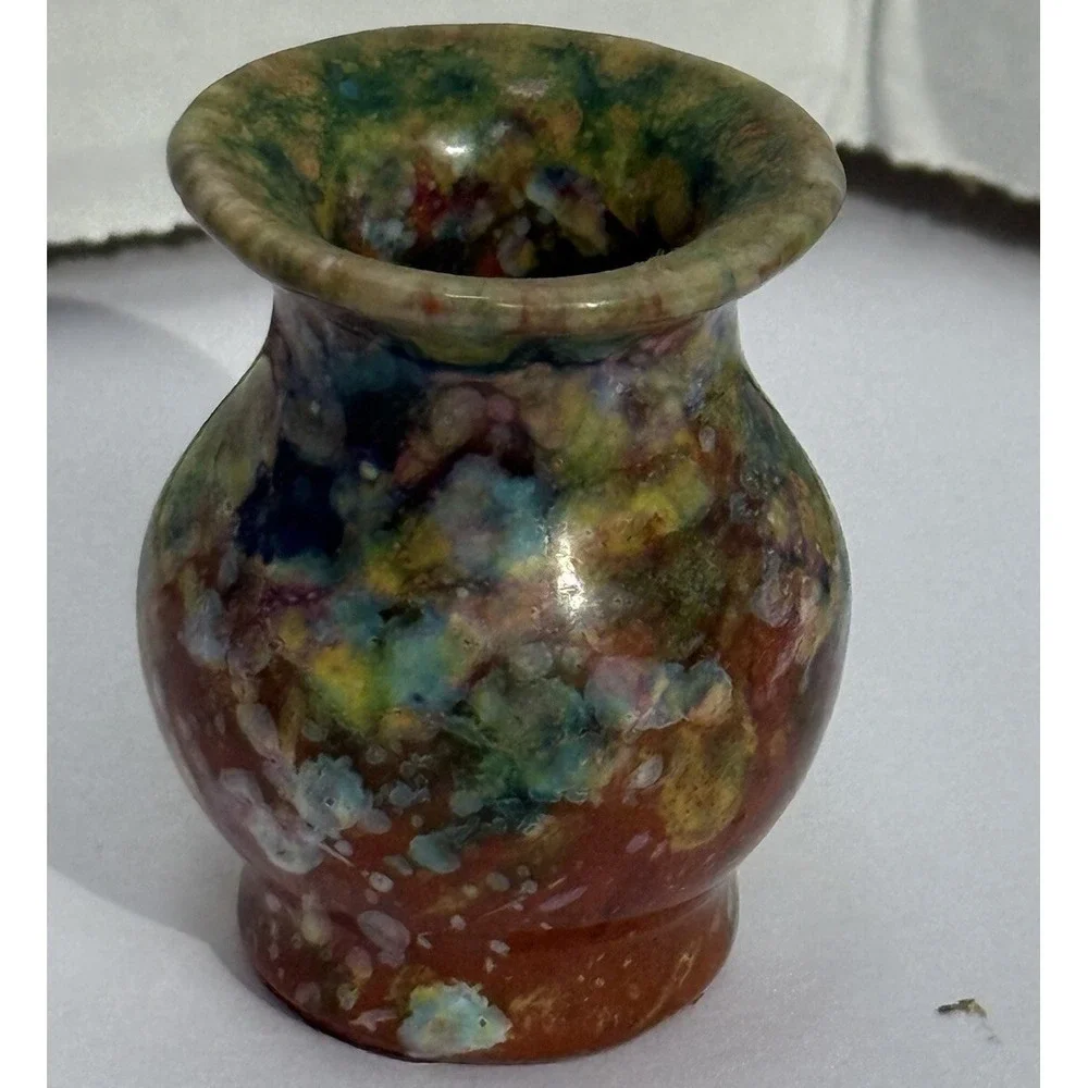 Vintage Studio Pottery Green Glaze With Multicolors‎ 2 Inch Initialed Vase